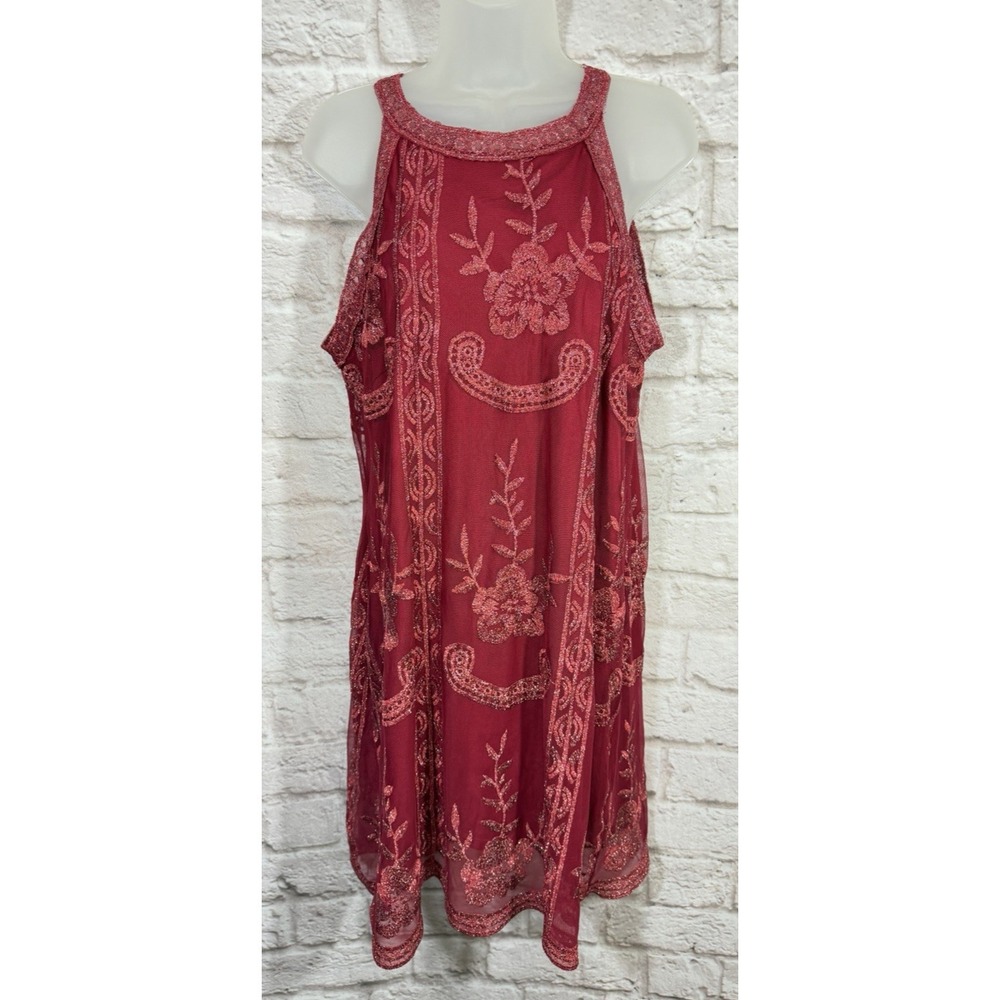 Altar'd‎ State Burgundy Red Metallic Lace Embroidered Dress Large Party Sparkle